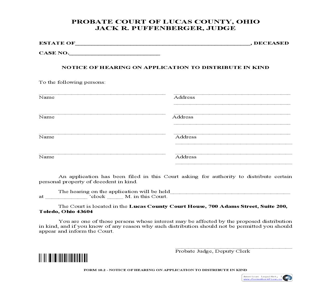 Notice Of Hearing On Application To Distribute In Kind {10.2} | Pdf Fpdf Doc Docx | Ohio