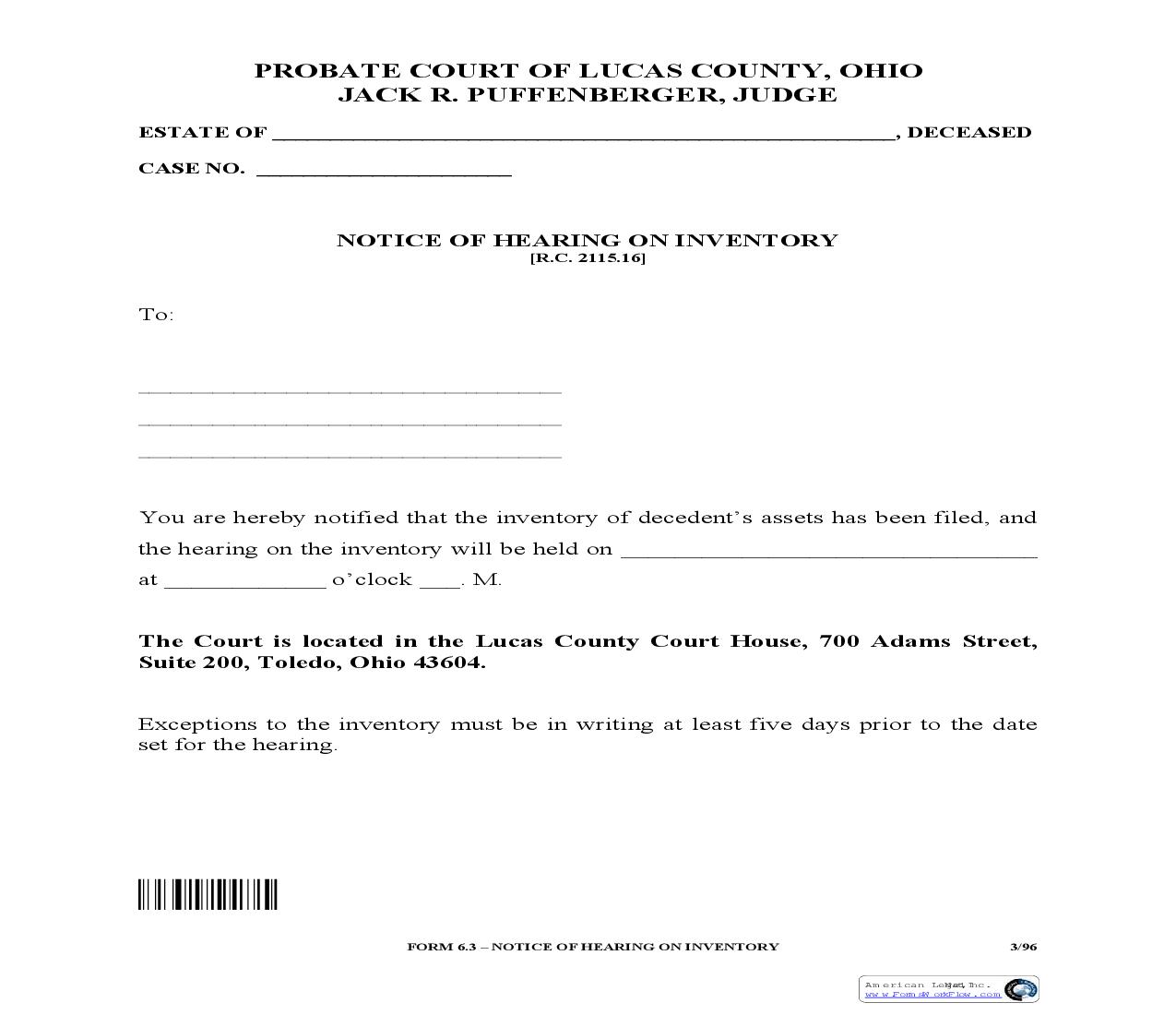 Notice Of Hearing On Inventory {6.3} | Pdf Fpdf Doc Docx | Ohio