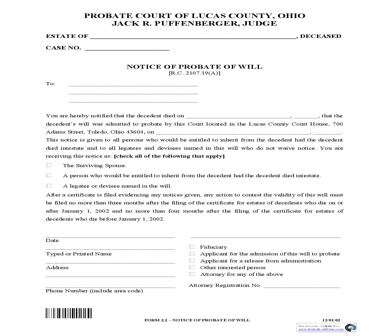 Notice Of Probate Of Will {2.2} | Pdf Fpdf Doc Docx | Ohio