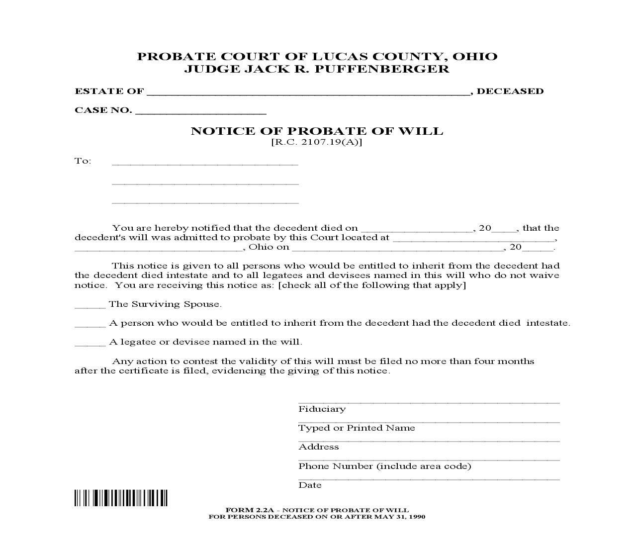 Notice Of Probate Of Will For Persons Deceased On Or After May 31 1990 {2.2A} | Pdf Fpdf Doc Docx | Ohio