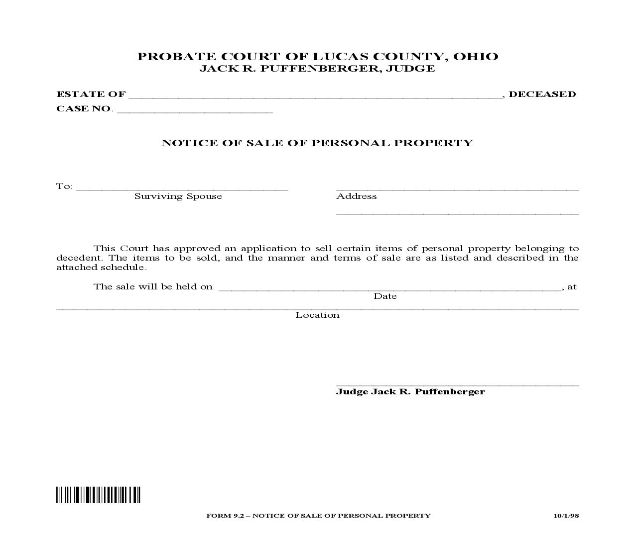 Notice Of Sale Of Personal Property {9.2} | Pdf Fpdf Doc Docx | Ohio