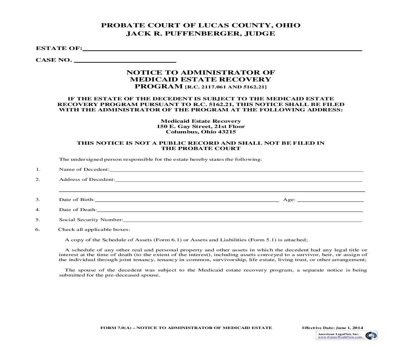 Notice To Administrator Of Medicaid Estate Recovery Program {7.0A} | Pdf Fpdf Doc Docx | Ohio