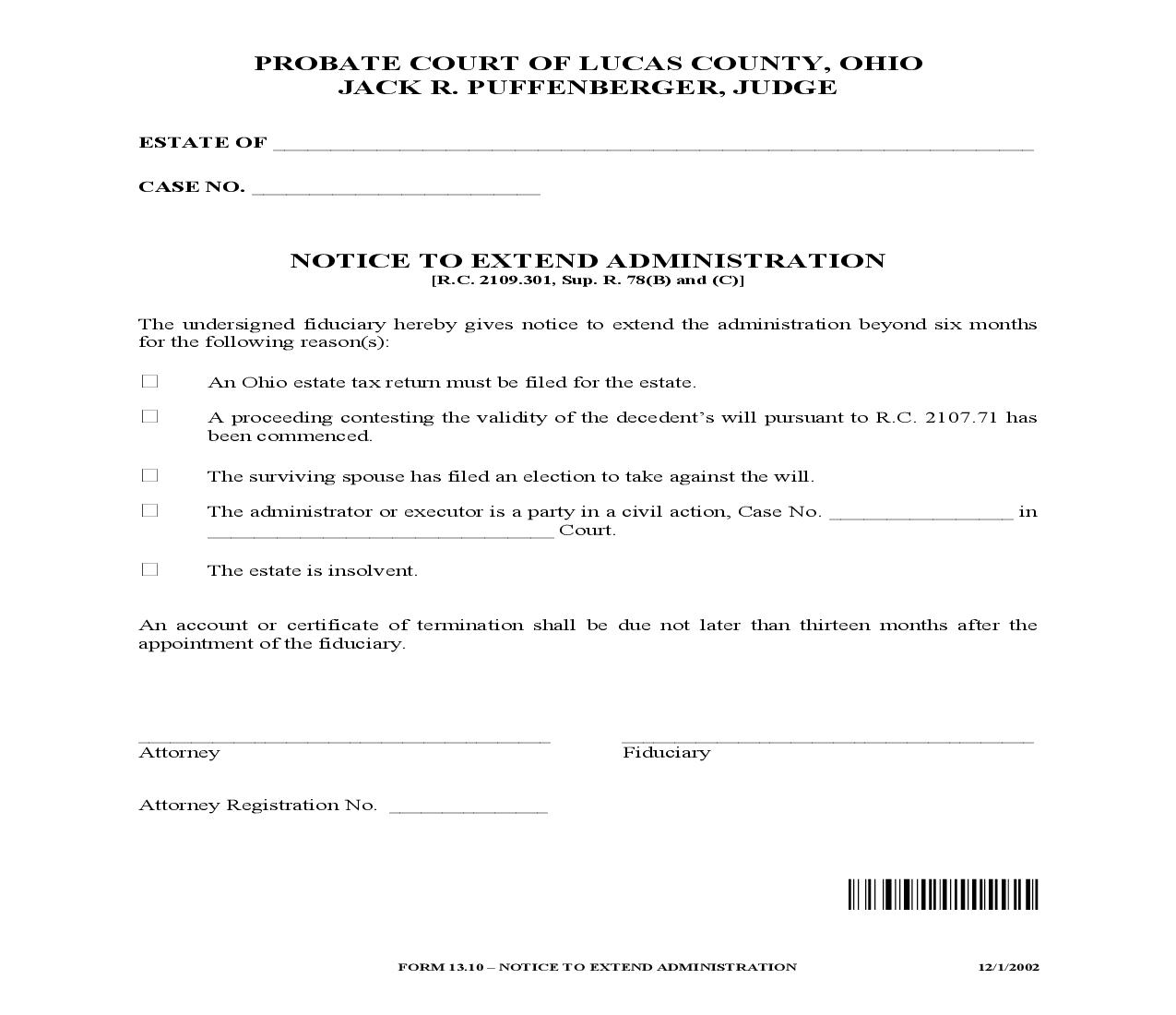 Notice To Extend Administration {13.10} | Pdf Fpdf Doc Docx | Ohio