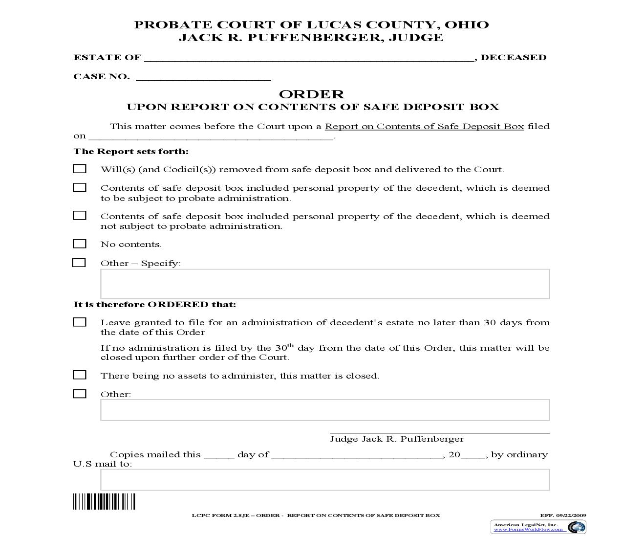 Order Upon Report On Contents Of Safe Deposit Box {2.8JE} | Pdf Fpdf Doc Docx | Ohio