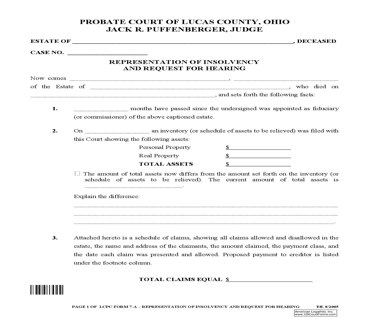 Representation Of Insolvency And Request For Hearing {7-A} | Pdf Fpdf Doc Docx | Ohio