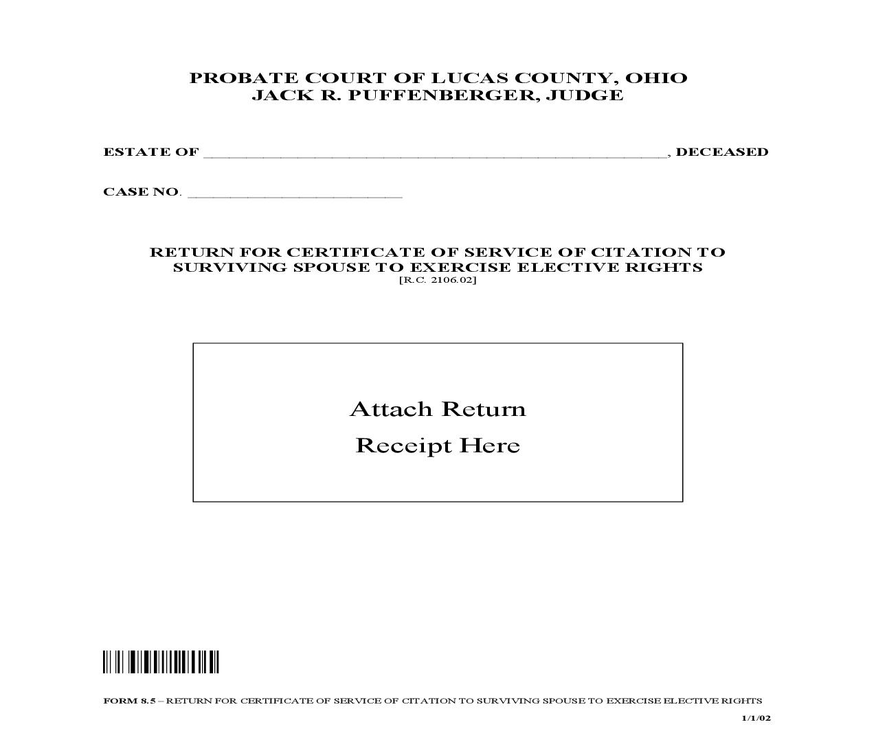 Return For Certificate Of Service Of Citation To Surviving Spouse To Exercise Elective Rights {8.5} | Pdf Fpdf Doc Docx | Ohio