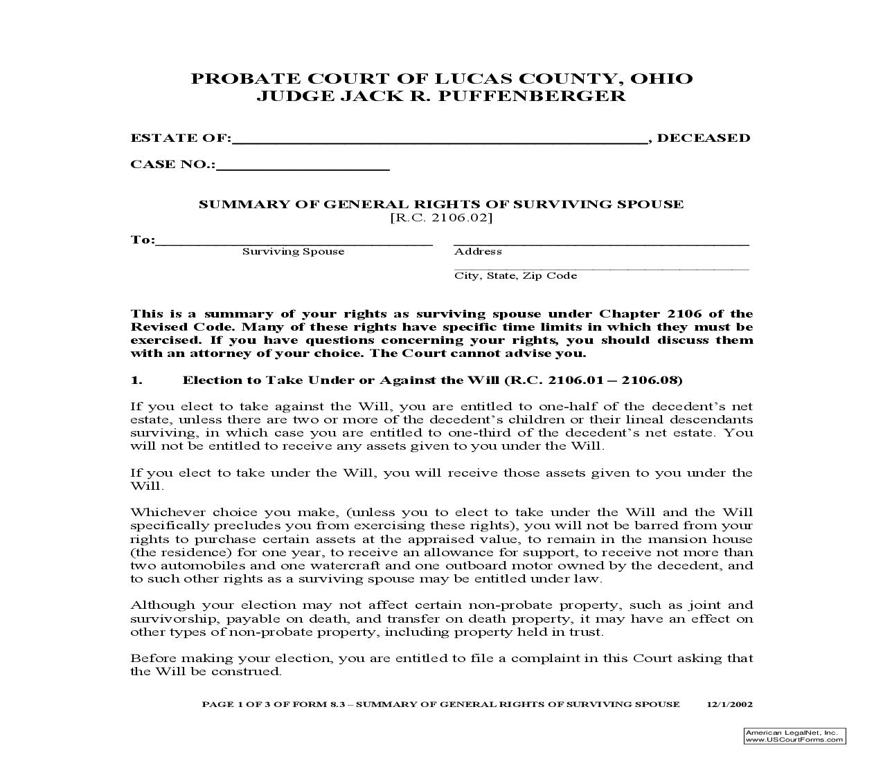 Summary Of General Rights Of Surviving Spouse {8.3} | Pdf Fpdf Doc Docx | Ohio