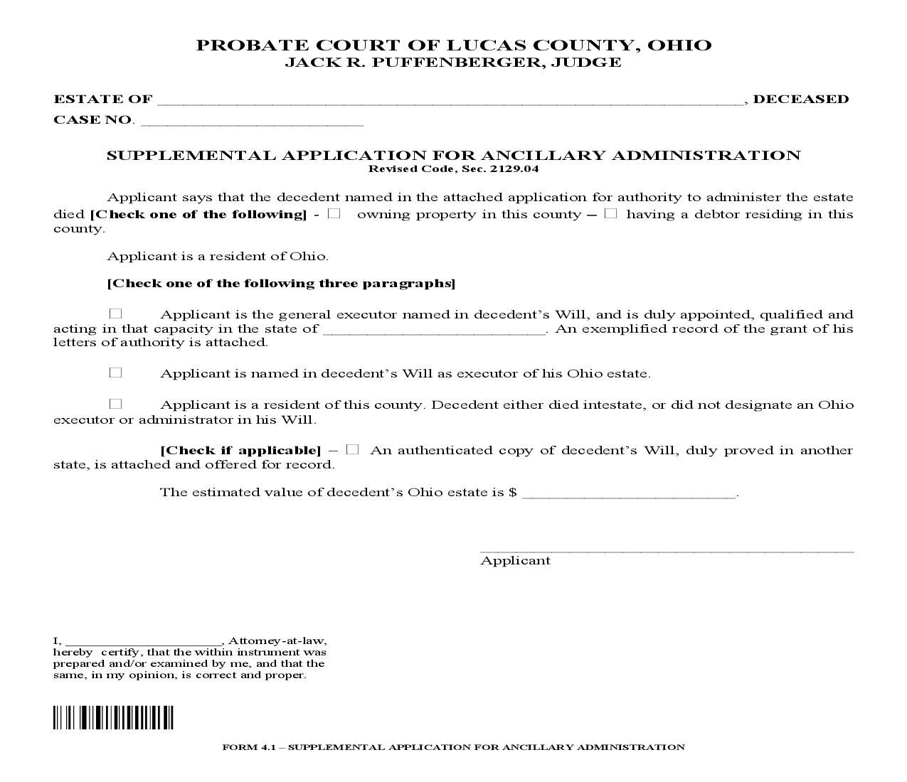 Supplemental Application For Ancillary Administration {4.1} | Pdf Fpdf Doc Docx | Ohio