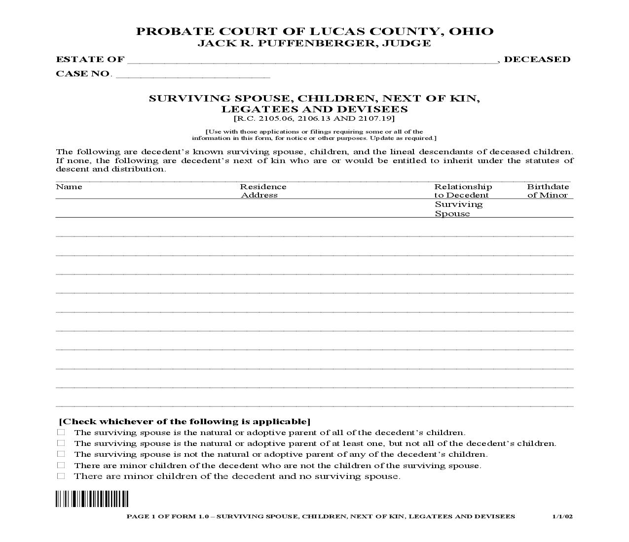 Surviving Spouse Children Next Of Kin Legatees And Devisees {1.0} | Pdf Fpdf Doc Docx | Ohio