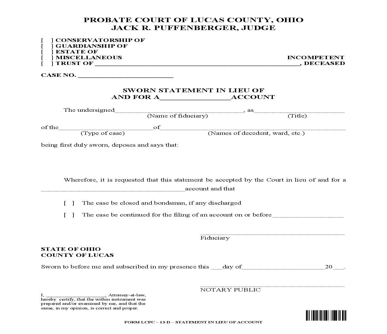 Sworn Statement In Lieu Of And For A Account {13-D} | Pdf Fpdf Doc Docx | Ohio