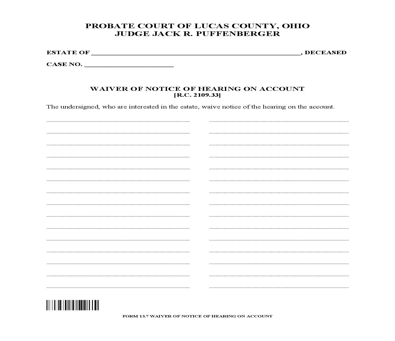 Waiver Of Notice Of Hearing On Account {13.7} | Pdf Fpdf Doc Docx | Ohio