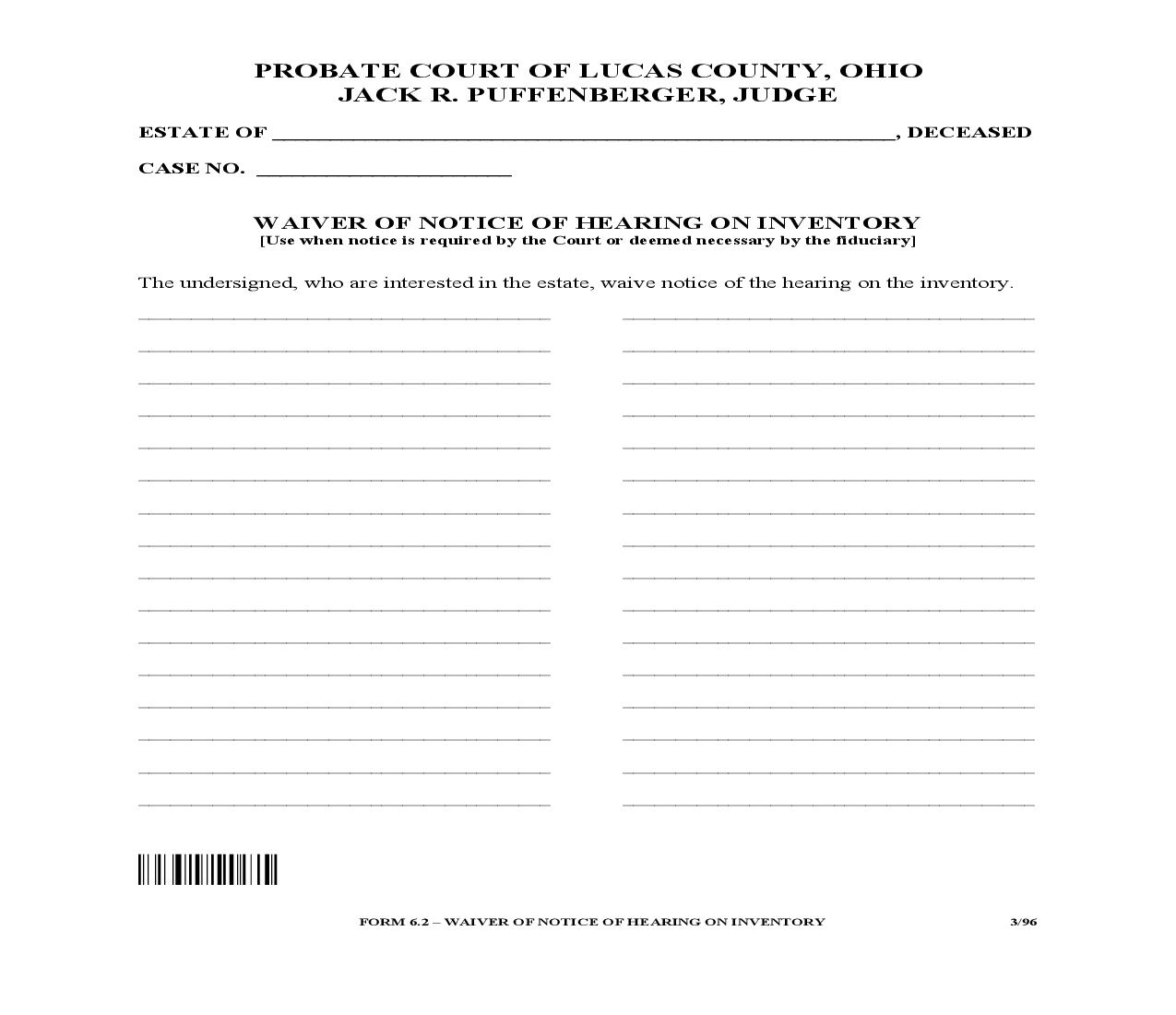 Waiver Of Notice Of Hearing On Inventory {6.2} | Pdf Fpdf Doc Docx | Ohio