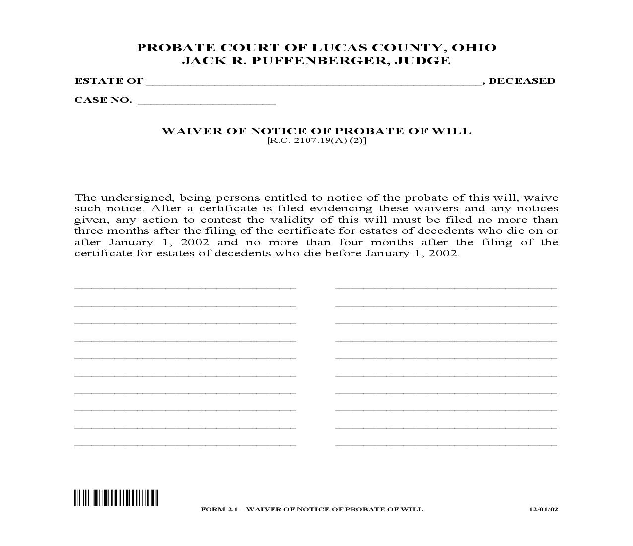 Waiver Of Notice Of Probate Of Will {2.1} | Pdf Fpdf Doc Docx | Ohio