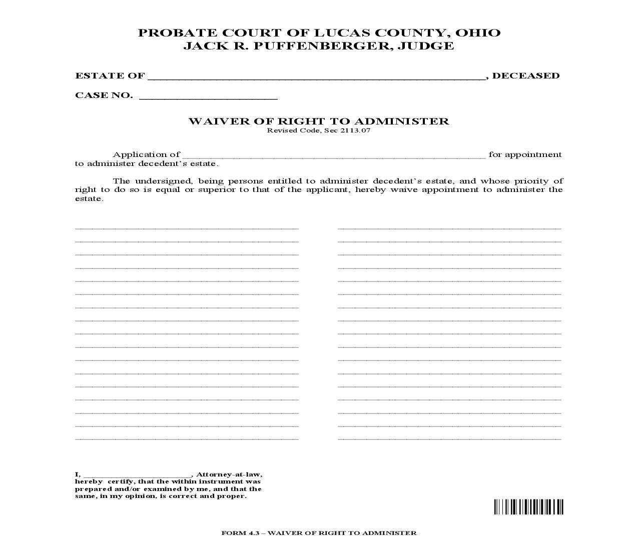Waiver Of Right To Administer {4.3} | Pdf Fpdf Doc Docx | Ohio