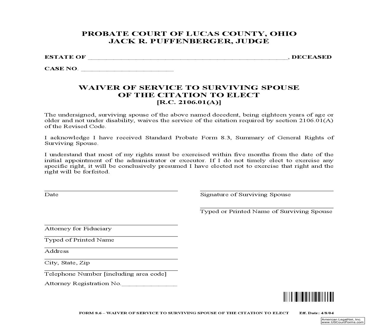 Waiver of Service To Surviving Spouse Of The Citation To Elect {8.6} | Pdf Fpdf Doc Docx | Ohio