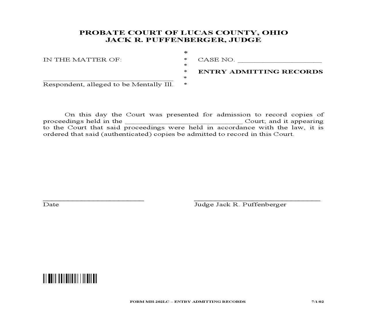 Entry Admitting Records {MH-202LC} | Pdf Fpdf Doc Docx | Ohio