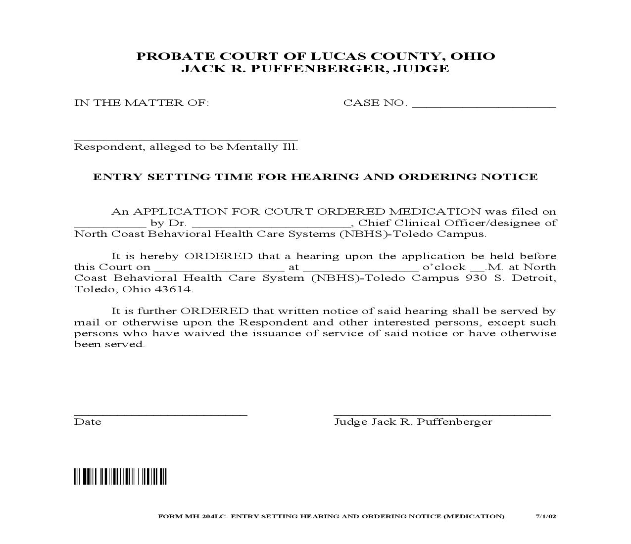 Entry Setting Time For Hearing And Ordering Notice {MH-204LC} | Pdf Fpdf Doc Docx | Ohio