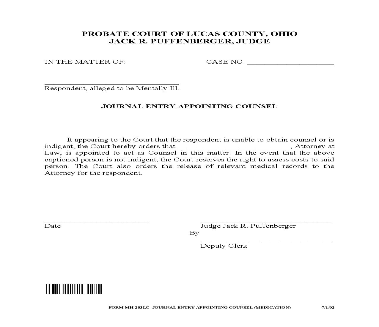 Journal Entry Appointing Counsel {MH-203LC} | Pdf Fpdf Doc Docx | Ohio