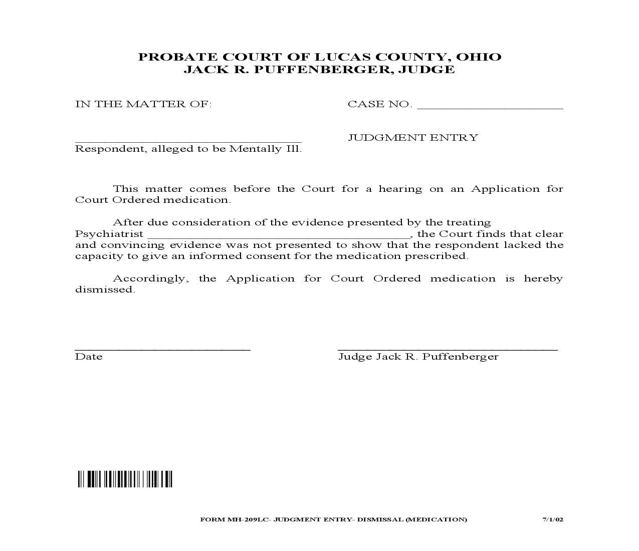 Judgment Entry Dismissal {MH-209LC} | Pdf Fpdf Doc Docx | Ohio