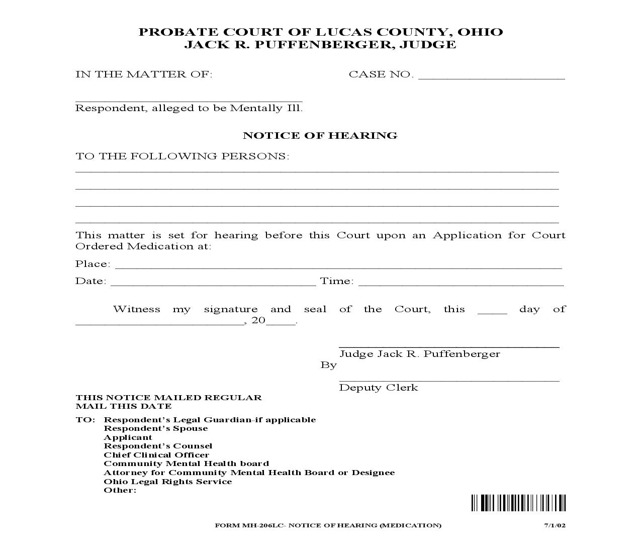 Notice Of Hearing {MH-206LC} | Pdf Fpdf Doc Docx | Ohio