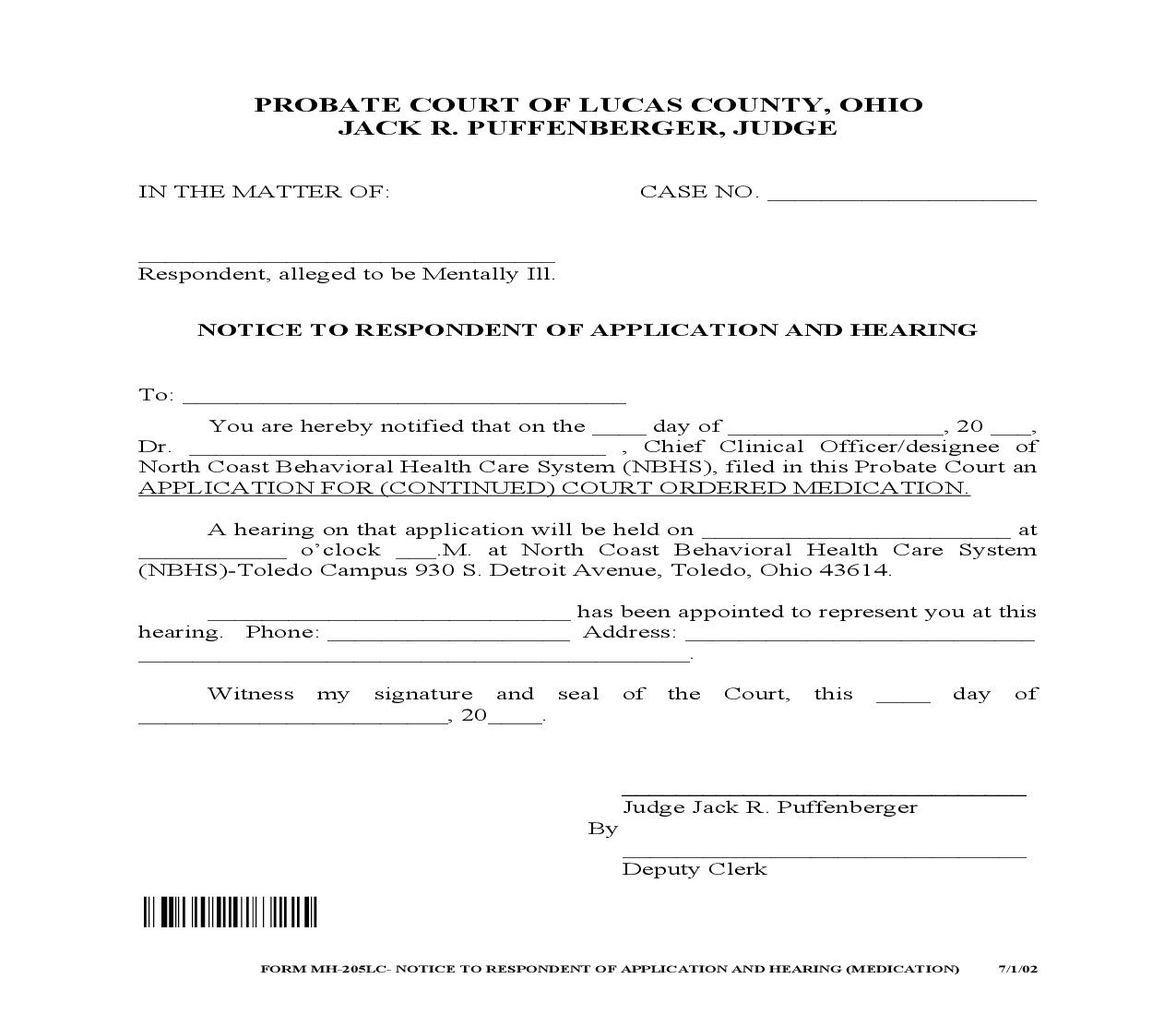 Notice To Respondent Of Application And Hearing {MH-205LC} | Pdf Fpdf Doc Docx | Ohio