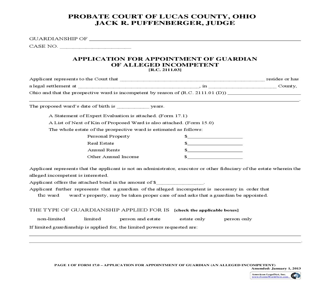 Application For Appointment Of Guardian Of Alleged Incompetent {17.0} | Pdf Fpdf Doc Docx | Ohio