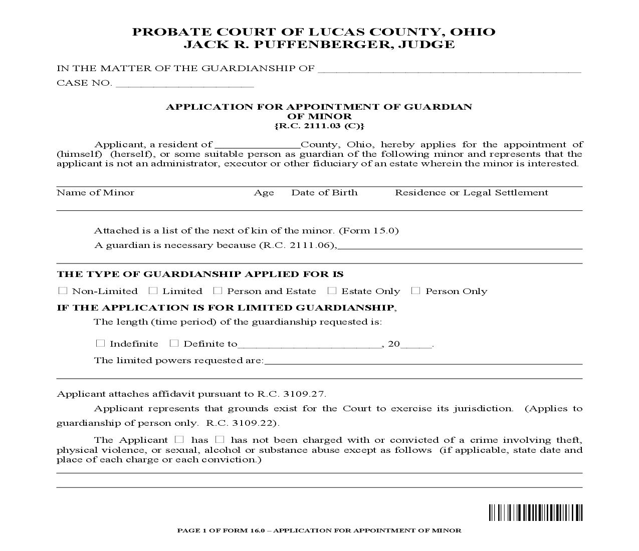 Application For Appointment Of Guardian Of Minor {16.0} | Pdf Fpdf Doc Docx | Ohio