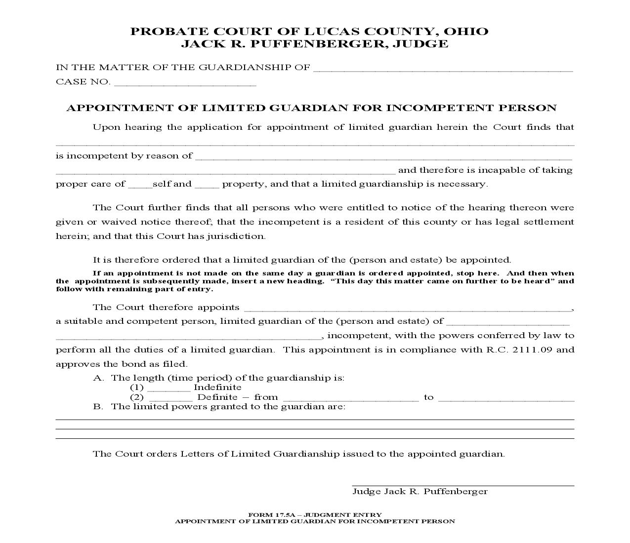 Appointment Of Limited Guardian For Incompetent Person {17.5A} | Pdf Fpdf Doc Docx | Ohio