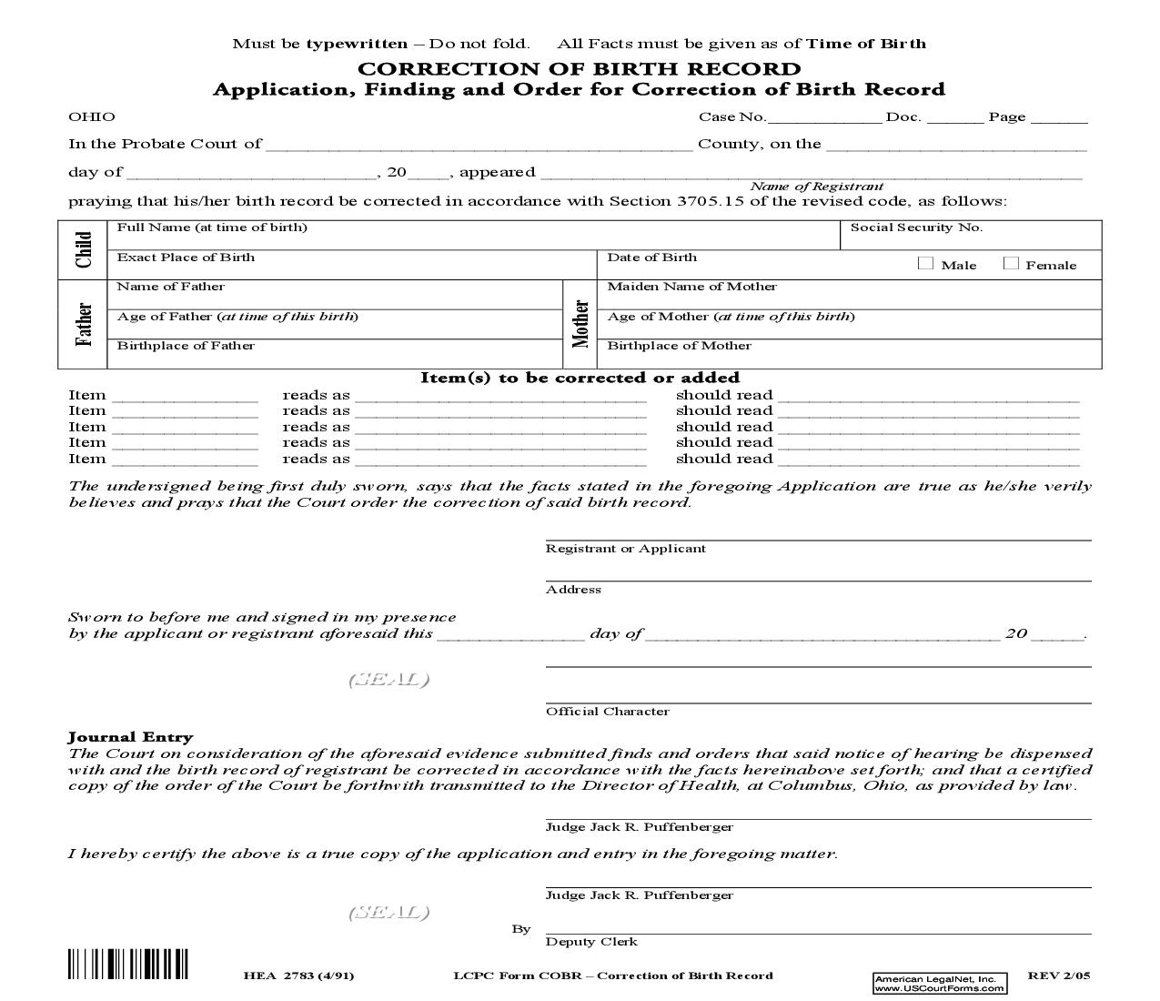 Correction Of Birth Record | Pdf Fpdf Doc Docx | Ohio