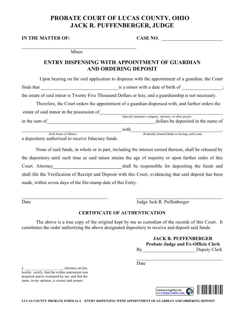 Entry Dispensing With Appointment Of Guardian And Ordering Deposit {16-A} | Pdf Fpdf Docx | Ohio