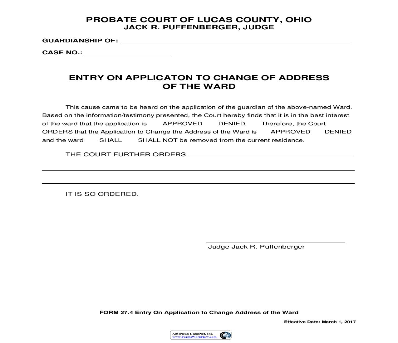 Entry On Application To Change Of Address Of The Ward {27.4} | Pdf Fpdf Doc Docx | Ohio