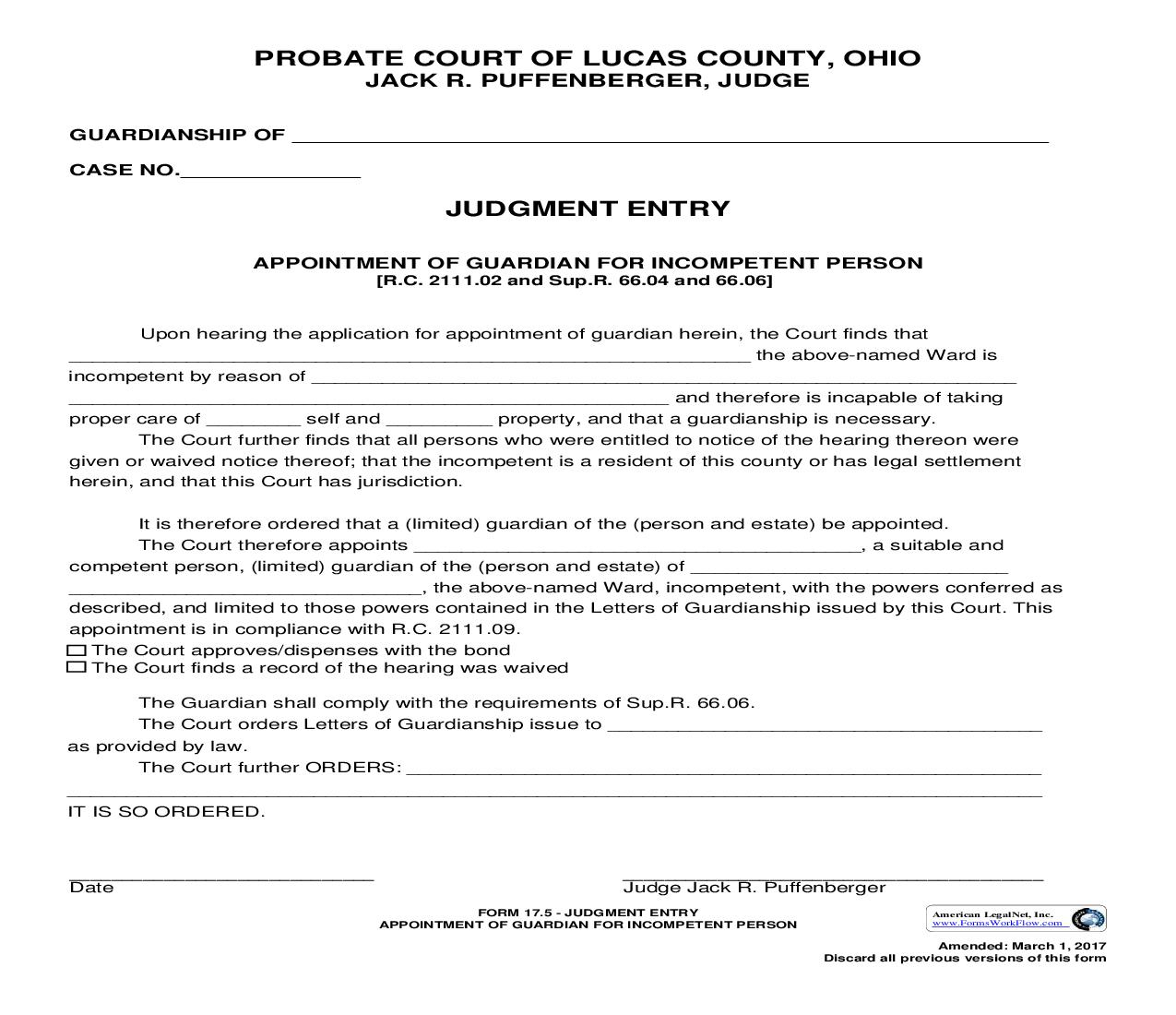 Judgment Entry Appointment Of Guardian For Incompetent Person {17.5} | Pdf Fpdf Doc Docx | Ohio