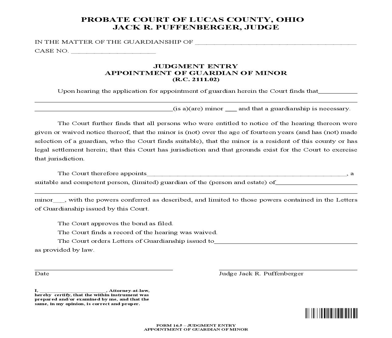 Judgment Entry Appointment Of Guardian Of Minor {16.5} | Pdf Fpdf Doc Docx | Ohio