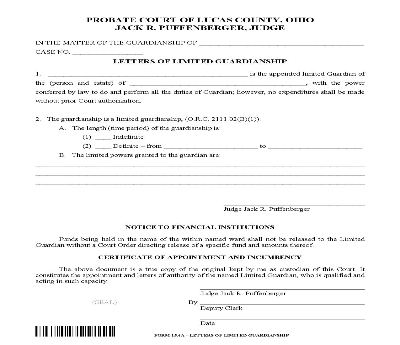 Letters Of Limited Guardianship {15.4A} | Pdf Fpdf Doc Docx | Ohio