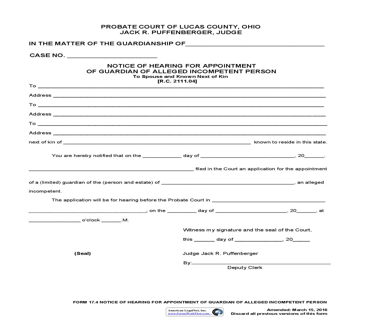 Notice Of Hearing For Appointment Of Guardian Of Alleged Incompetent Person {17.4} | Pdf Fpdf Doc Docx | Ohio