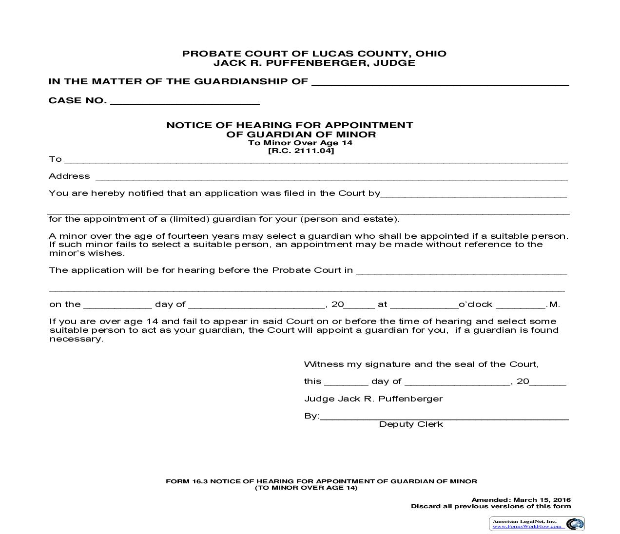 Notice Of Hearing For Appointment Of Guardian Of Minor To Minor Over Age 14 {16.3} | Pdf Fpdf Doc Docx | Ohio