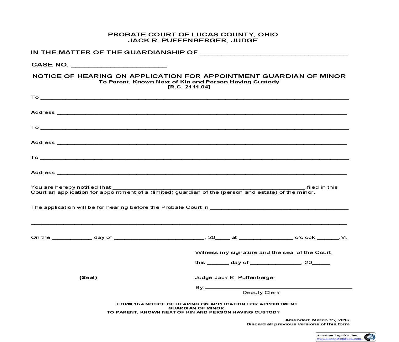 Notice Of Hearing On Application Of Guardian Of Minor {16.4} | Pdf Fpdf Doc Docx | Ohio