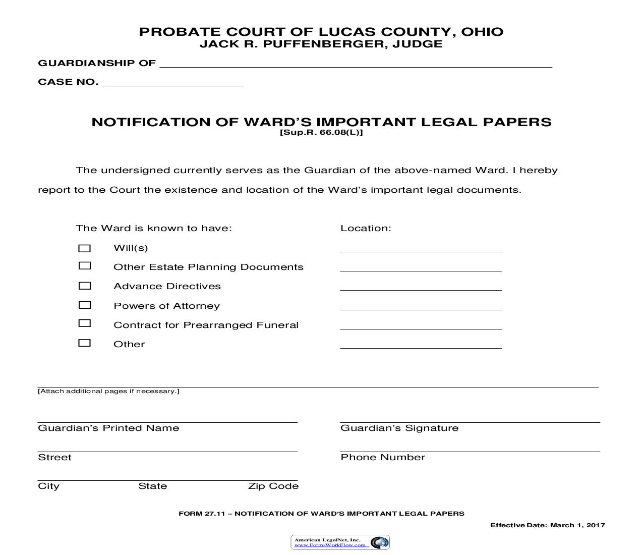 Notification Of Wards Imprt Legal Papers {27.11} | Pdf Fpdf Doc Docx | Ohio