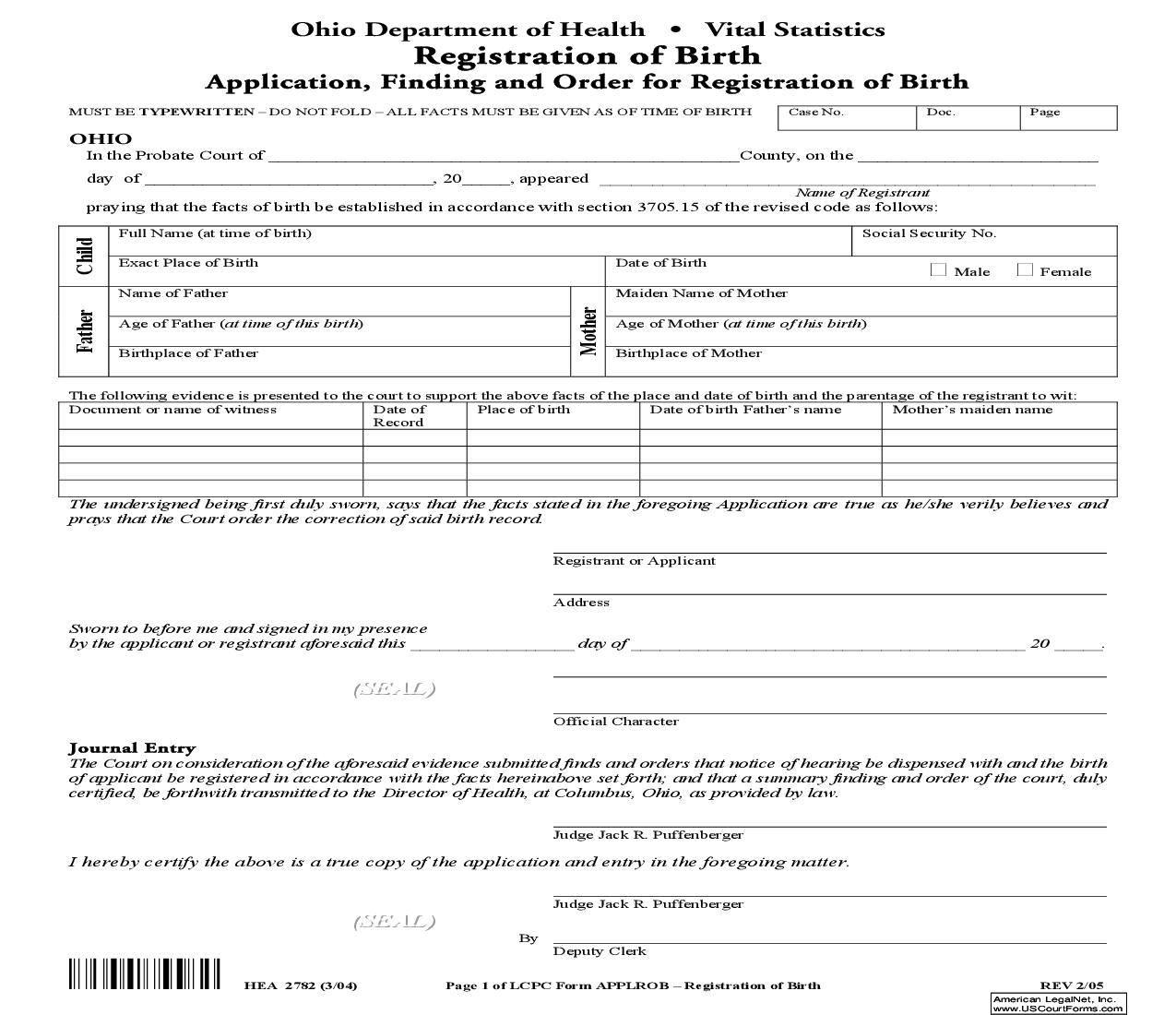 Registration Of Birth | Pdf Fpdf Doc Docx | Ohio