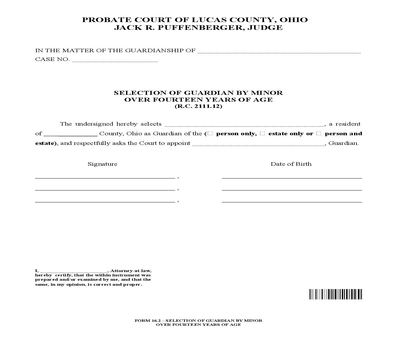 Selection Of Guardian By Minor Over Fourteen Years Of Age {16.2} | Pdf Fpdf Doc Docx | Ohio