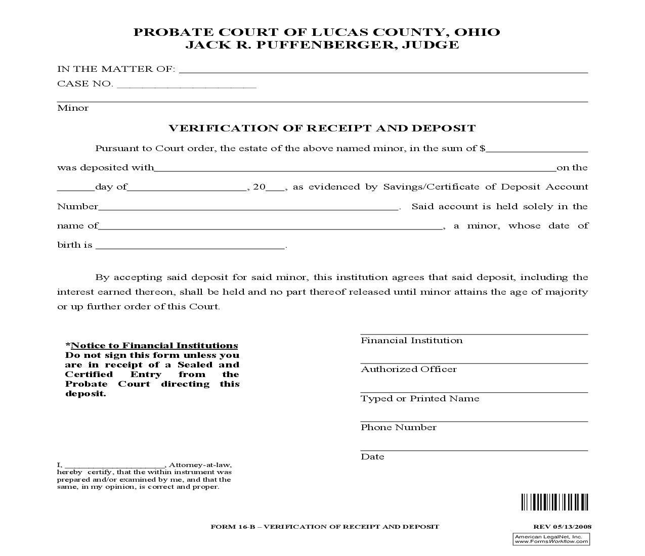 Verification Of Receipt And Deposit {16-B} | Pdf Fpdf Doc Docx | Ohio