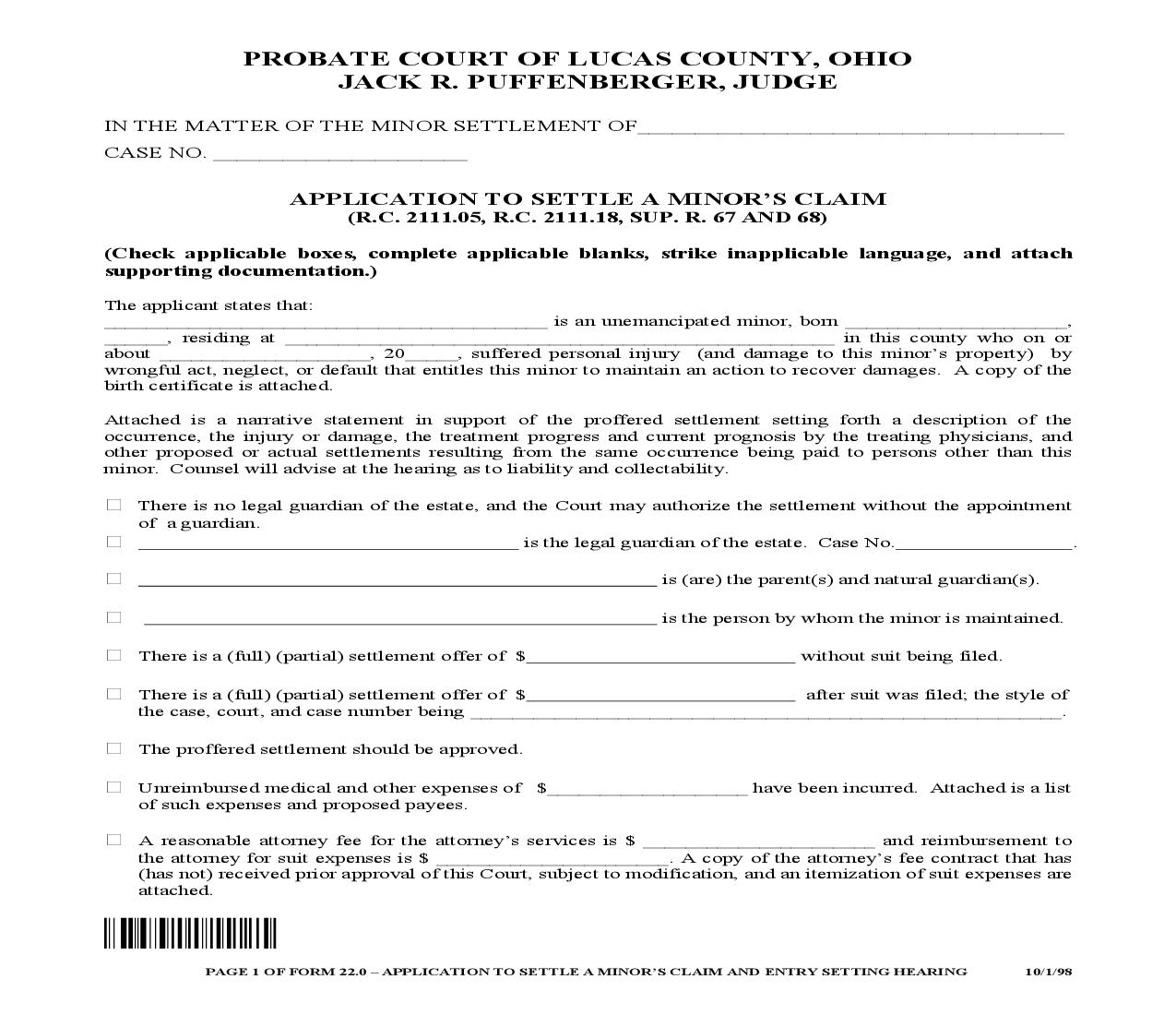 Application To Settle A Minors Claim {MST22.0} | Pdf Fpdf Doc Docx | Ohio