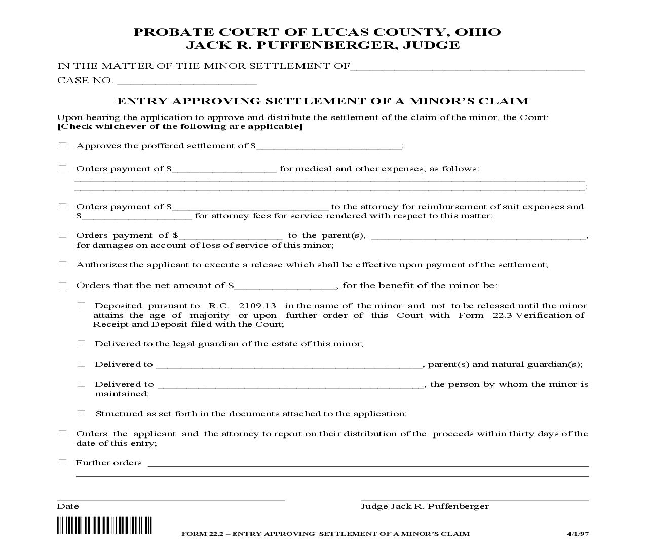 Entry Approving Settlement Of A Minors Claim {MST22.2} | Pdf Fpdf Doc Docx | Ohio