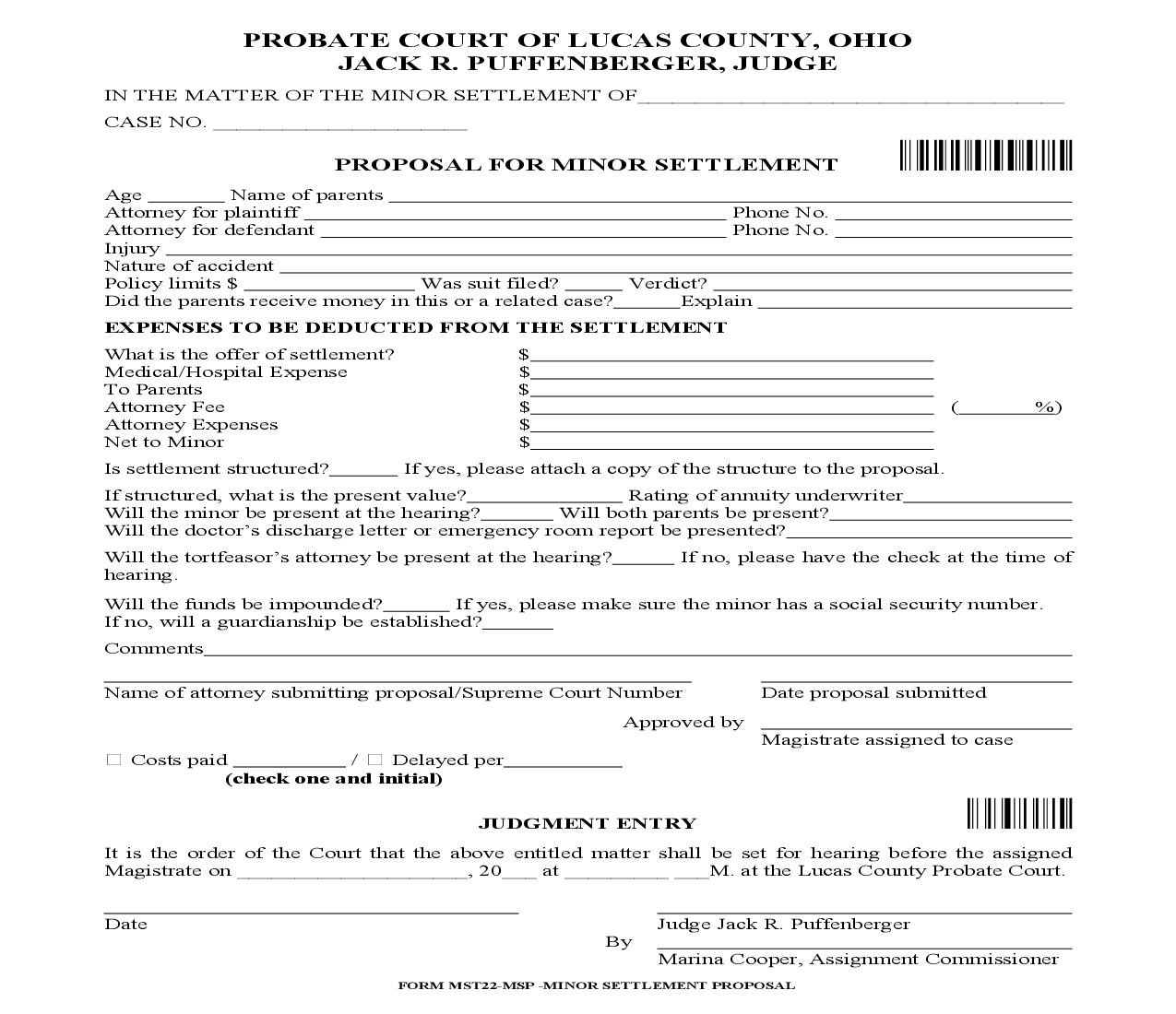 Proposal For Minor Settlementl {MST22-MSP} | Pdf Fpdf Doc Docx | Ohio