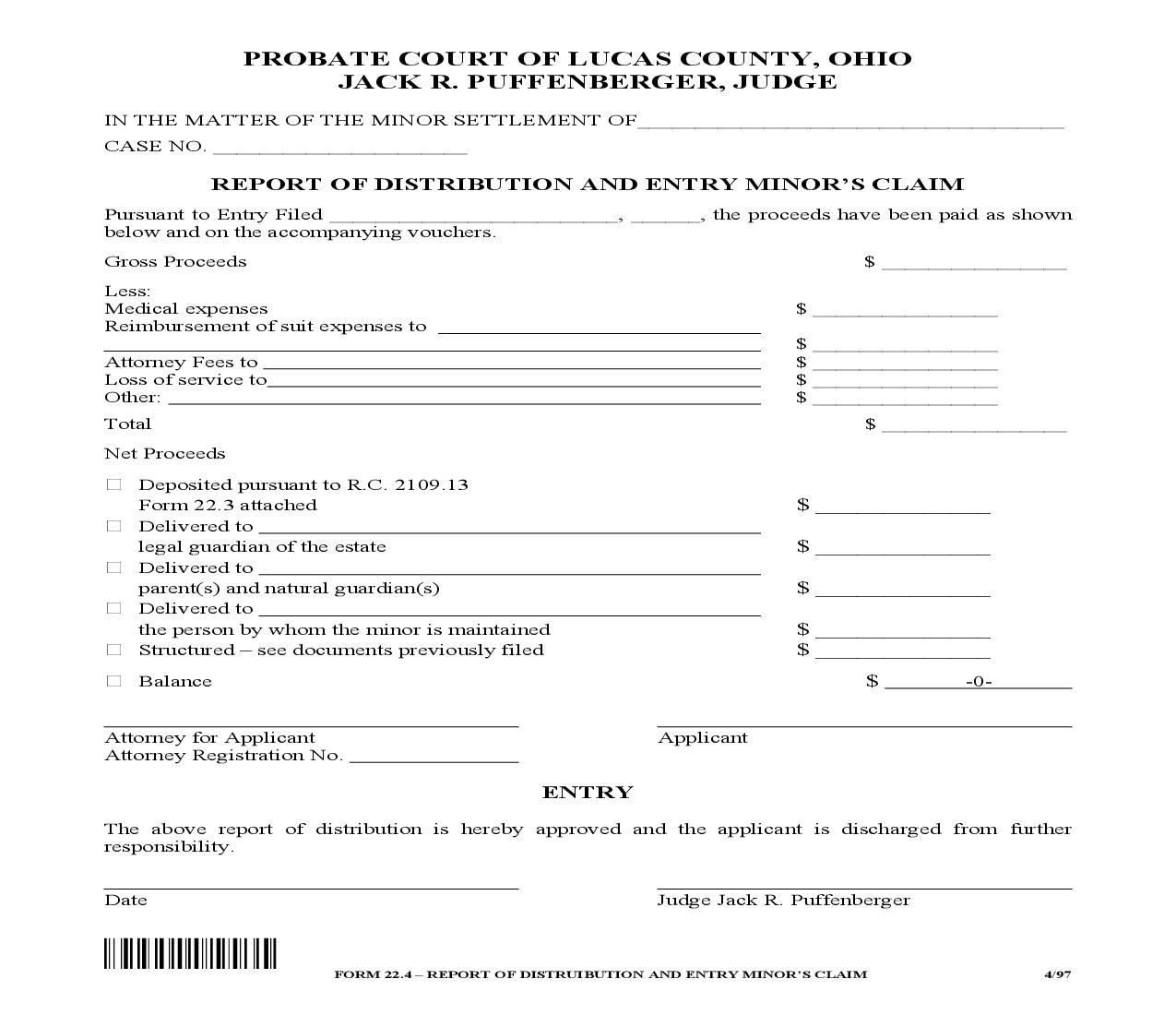 Report Of Distribution And Entry Minors Claim {MST22.4} | Pdf Fpdf Doc Docx | Ohio