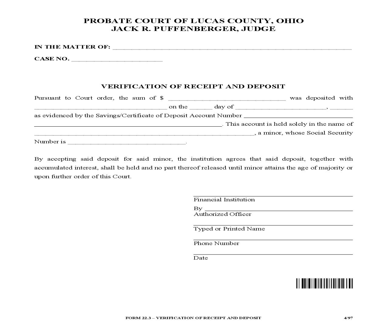 Verification Of Receipt And Deposit {MST22.3} | Pdf Fpdf Doc Docx | Ohio