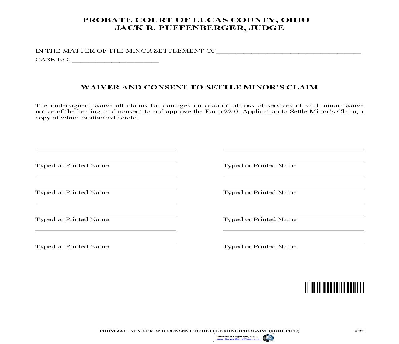 Waiver And Consent To Settle Minors Claim {MST22.1} | Pdf Fpdf Doc Docx | Ohio