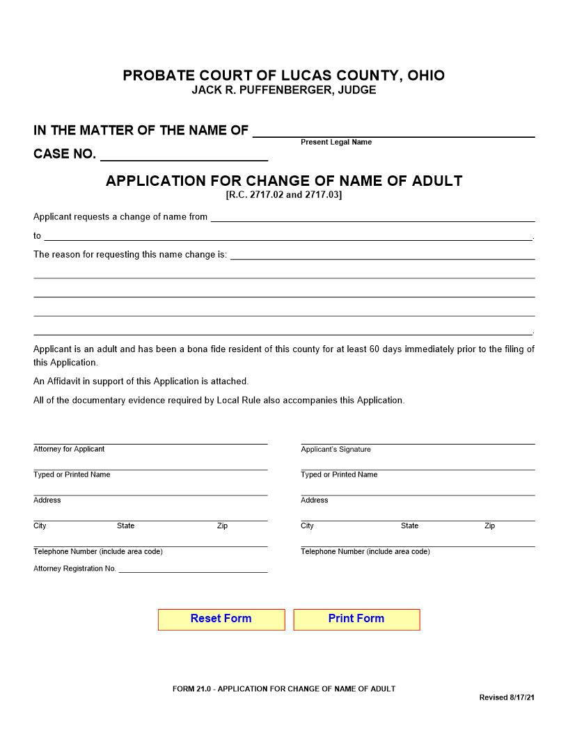 Application For Change Of Name Of Adult {NCH 21.0} | Pdf Fpdf Doc Docx | Ohio