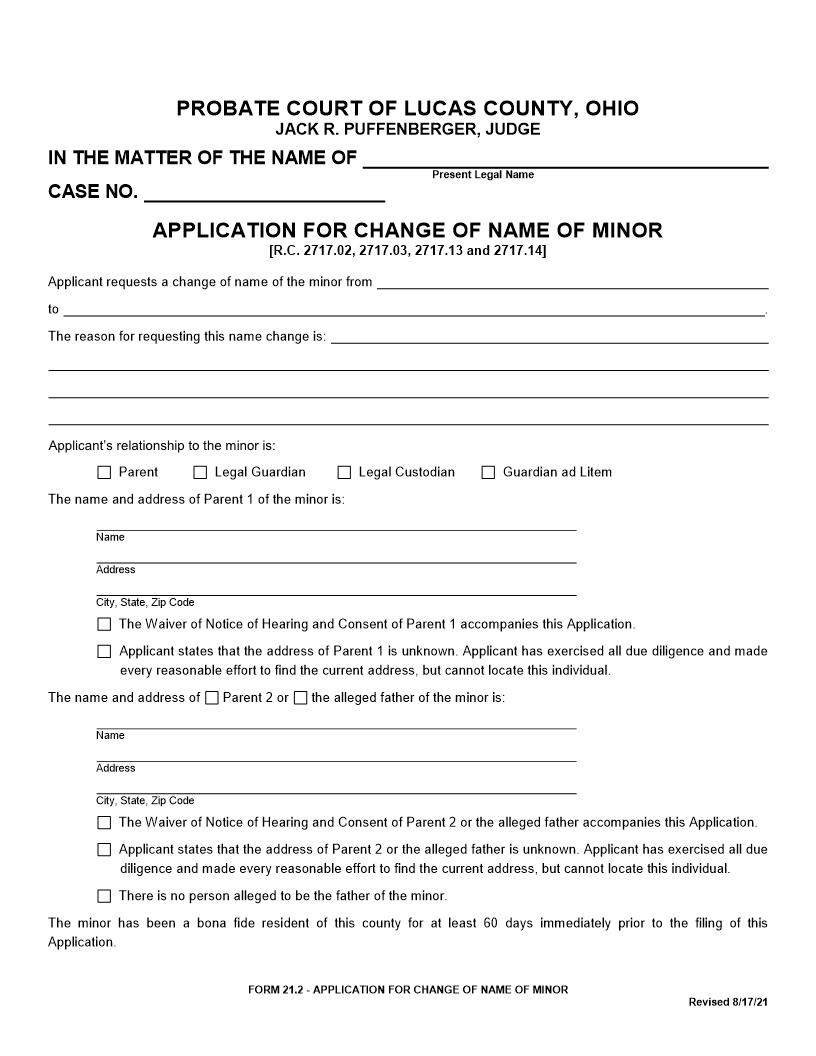 Application For Change Of Name Of Minor {NCH 21.2} | Pdf Fpdf Doc Docx | Ohio