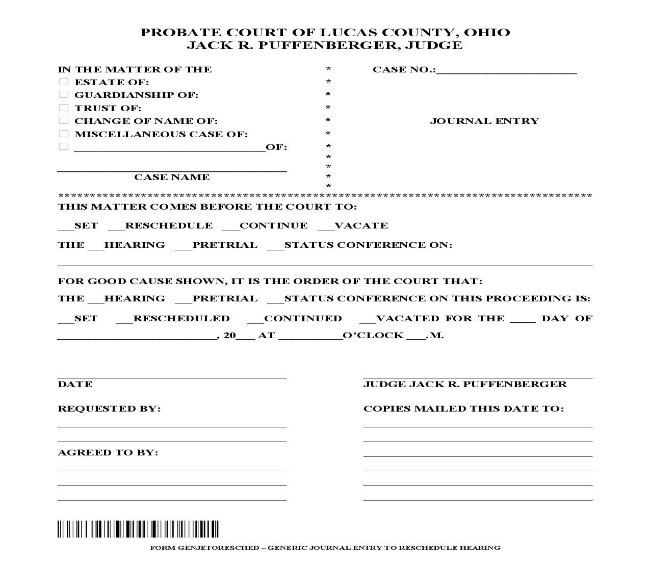 Generic Journal Entry To Reschedule Hearing {GENJETORESCHED} | Pdf Fpdf Doc Docx | Ohio